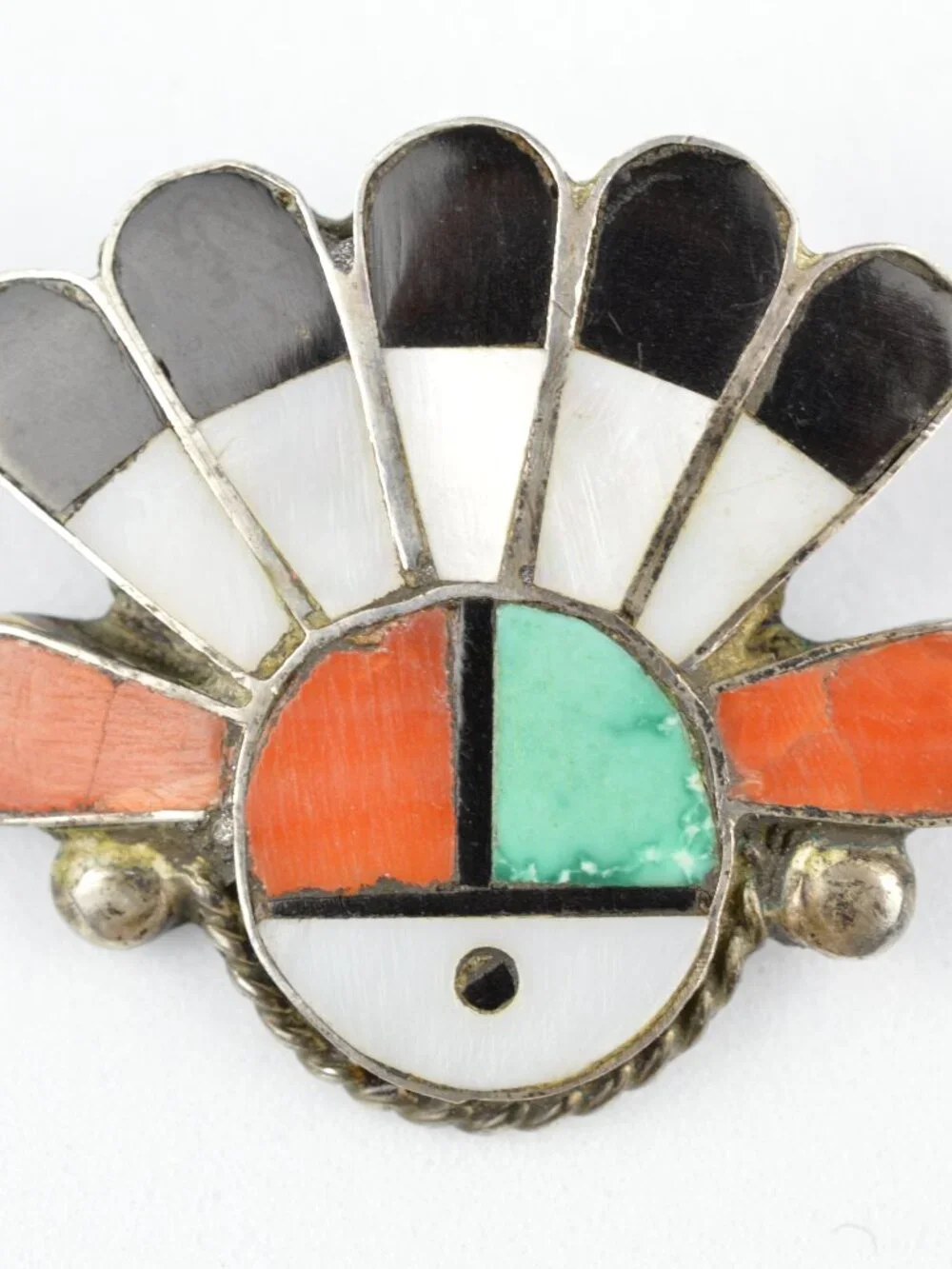 Vintage Zuni Sunface Brooch Pin Sterling Silver Multi Stone Mosaic Inlay 1.25